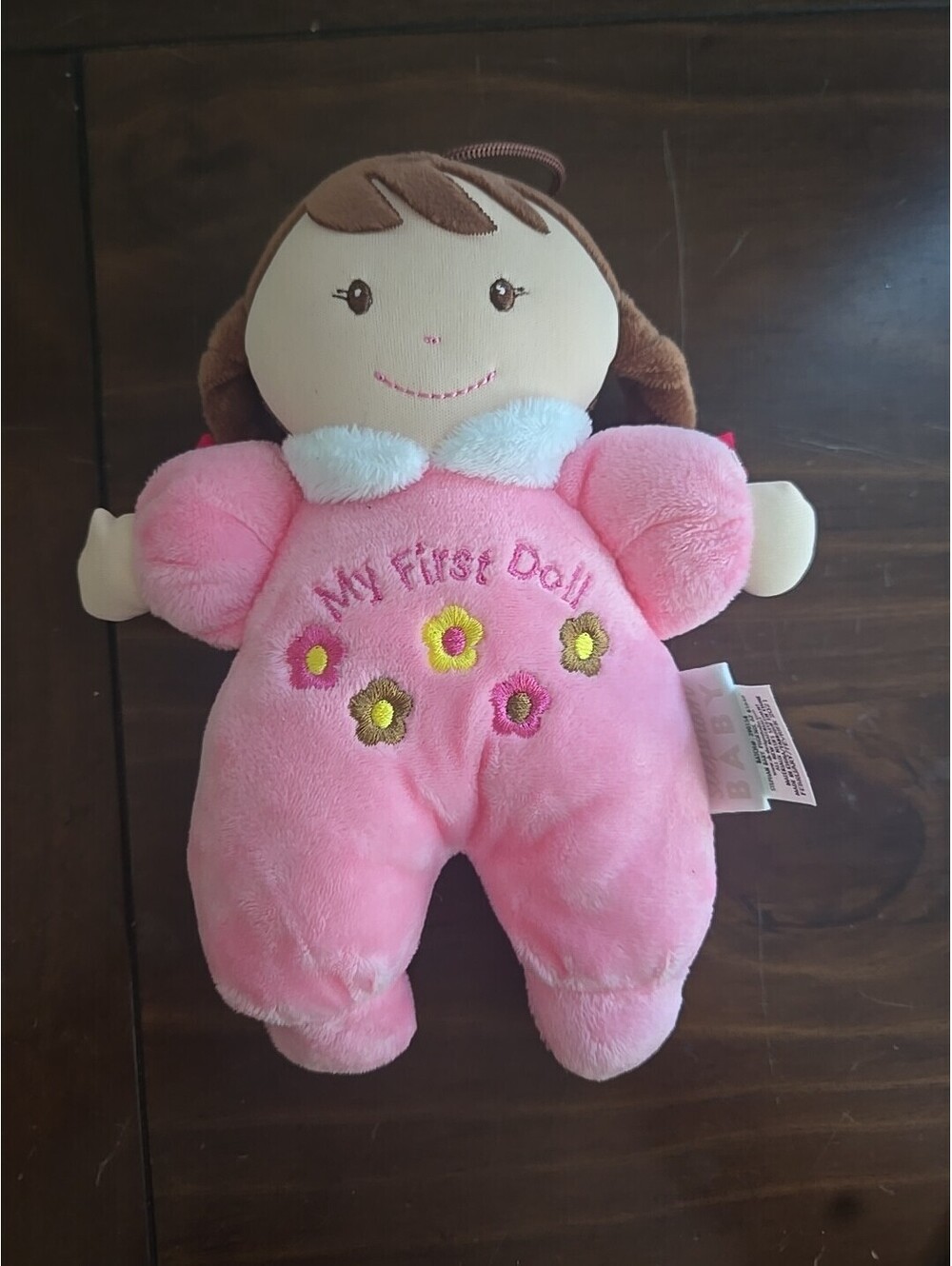 Stephan Baby My First Doll Soft Plush Rattle Brown Hair Brown Eyes Lovey  8”